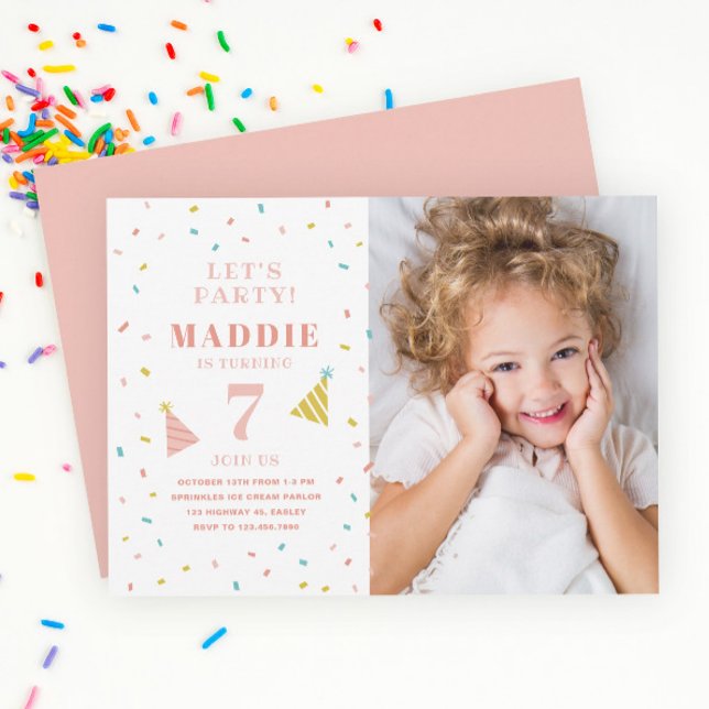 Convite de Aniversário Infantil com Foto e Confeit (Color Sprinkles Kids Birthday Party Invitations.)