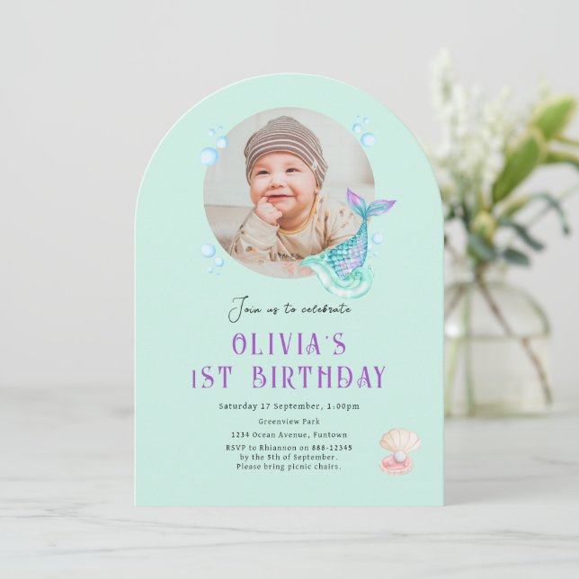 Convite de aniversário infantil com foto, roxo azu (Em pé/Frente)