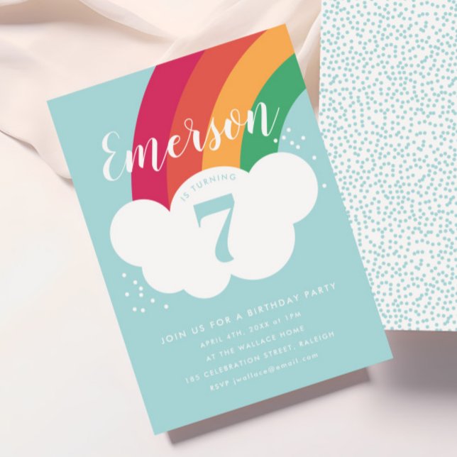 Convite de aniversário infantil com nuvem arco-íri (Kids Rainbow Birthday Party Invitations.)