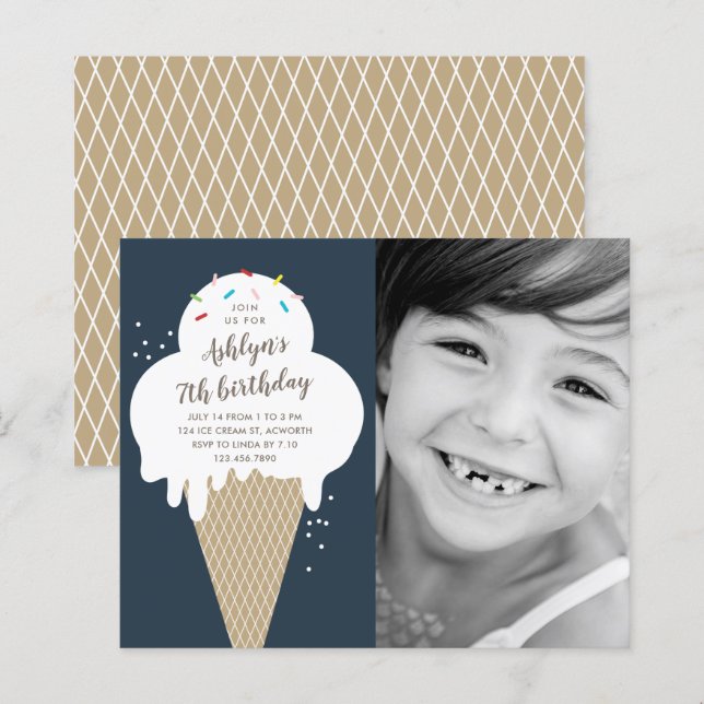 Convite de aniversário infantil cone de sorvete ec (Frente/Verso)