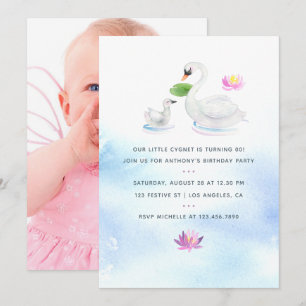 Convite de aniversário infantil de cisne aquarela