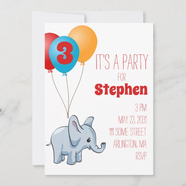 Convite de Aniversário Infantil de Elefante (Frente)