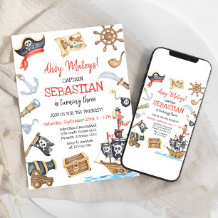 Convite de Aniversário Infantil Menino Pirata Ahoy