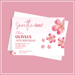 Convite de Aniversário Infantil Pink Hibiscus Save