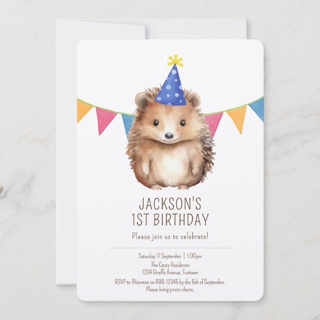 Convite de aniversário infantil Premium, ouriço fo (Frente)