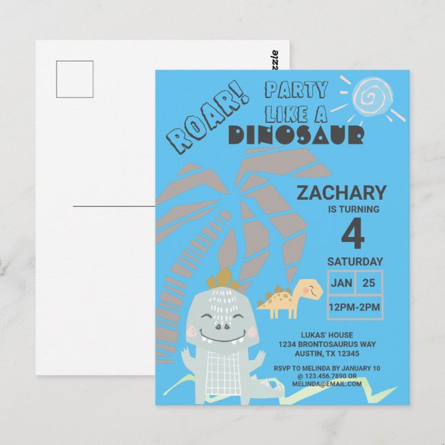 Convite de Aniversário Infantil Rugido de Dinossau (Frente/Verso)
