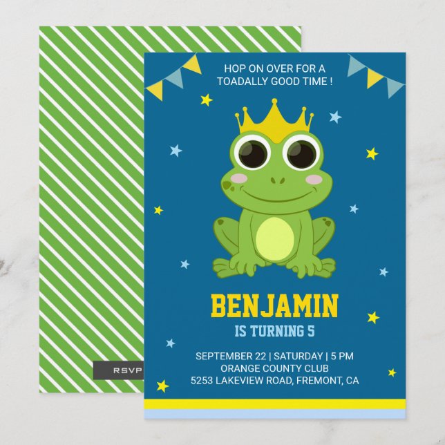 Convite de Aniversário Infantil Sapo Verde Fofo (Frente/Verso)