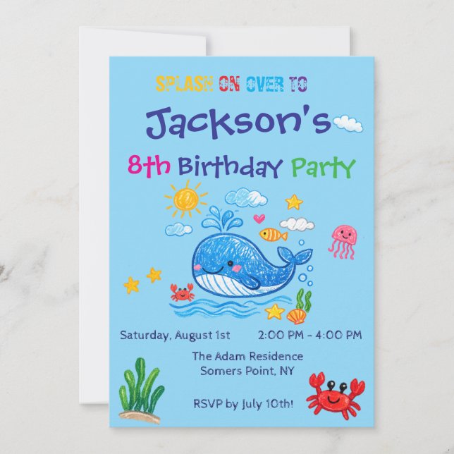 Convite de Aniversário Infantil Tema Baleia Verão (Frente)