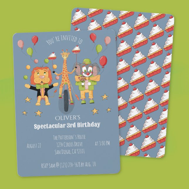 Convite de Aniversário Infantil Tema Circo (Circus theme blue-grey kid birthday invitation with cherry pie pattern on the back . )