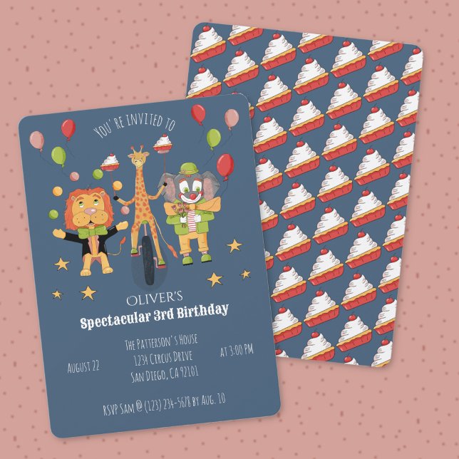 Convite de Aniversário Infantil Tema Circo Azul Es (Circus theme kid birthday dark blue invitation .)