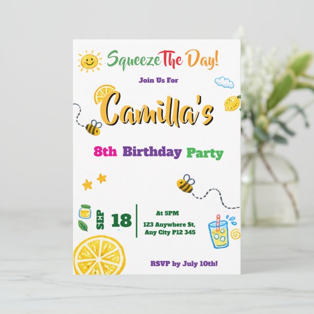 Convite de Aniversário Infantil Tema de Verão Limã (Em pé/Frente)