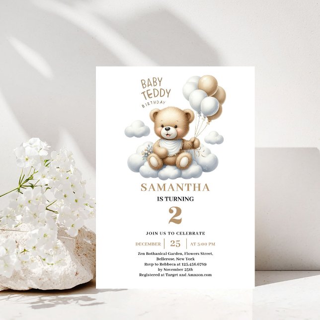 Convite de Aniversário Infantil Urso de Pelúcia Do (Kids Birthday Teddy Bear Gold Ivory Party Invite)