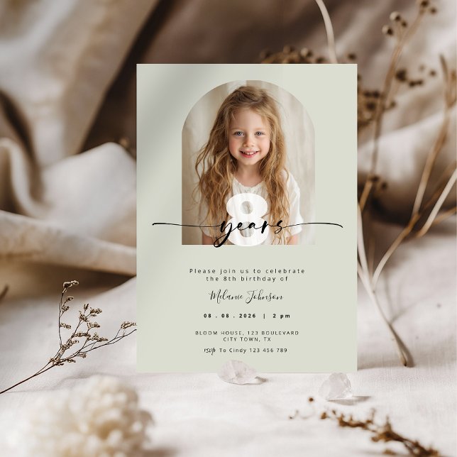 Convite de Aniversário Infantil Verde Sage com Fot (Sage Green Kids Birthday Invitation)