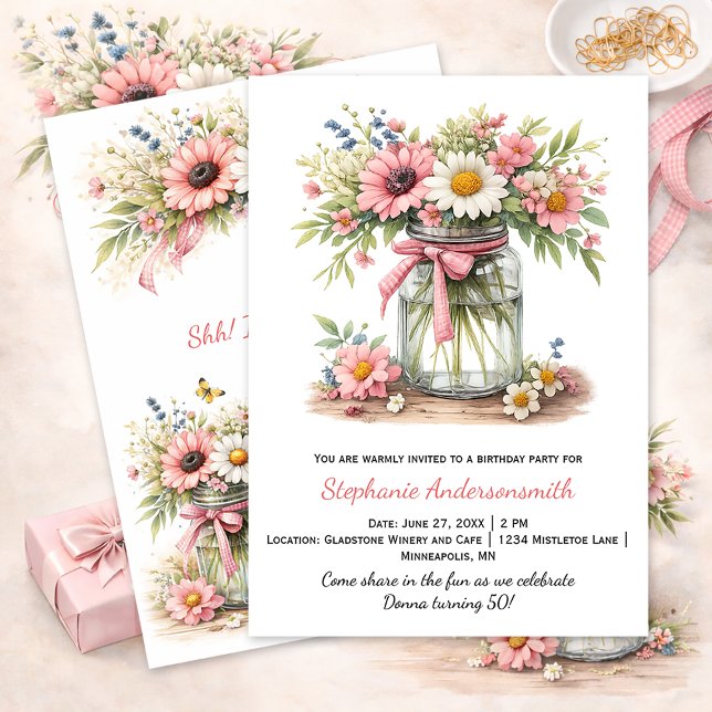 Convite de Aniversário Jar de Flores Rosas | (Criador carregado)