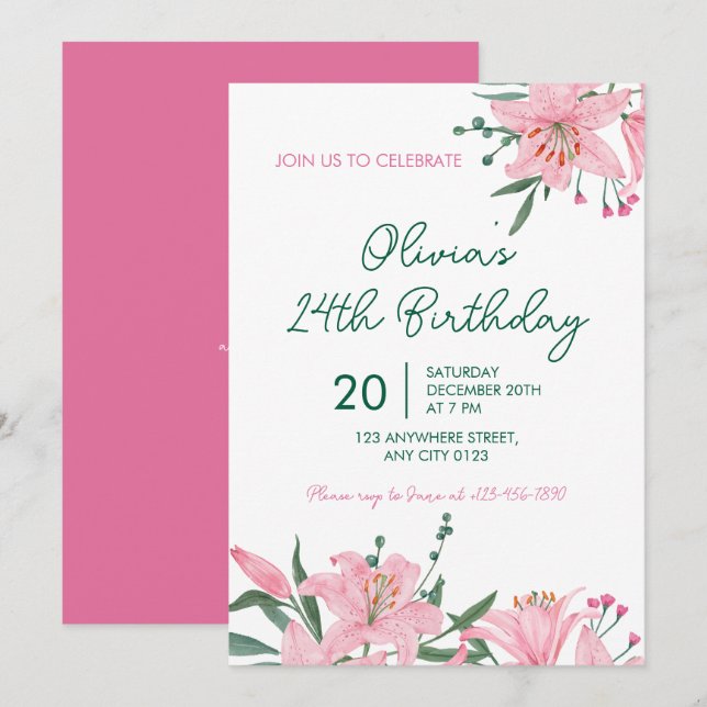 Convite de Aniversário Jardim de Lírio Rosa (Frente/Verso)