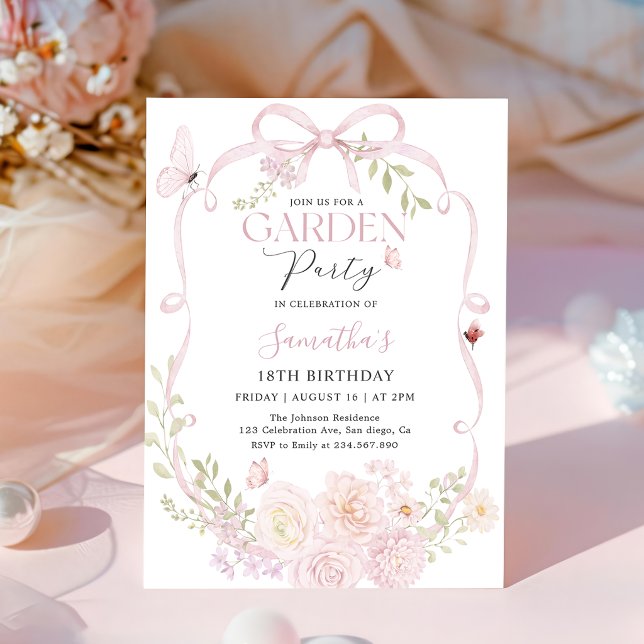 Convite de Aniversário Jardim Floral com Laço Rosa (Criador carregado)