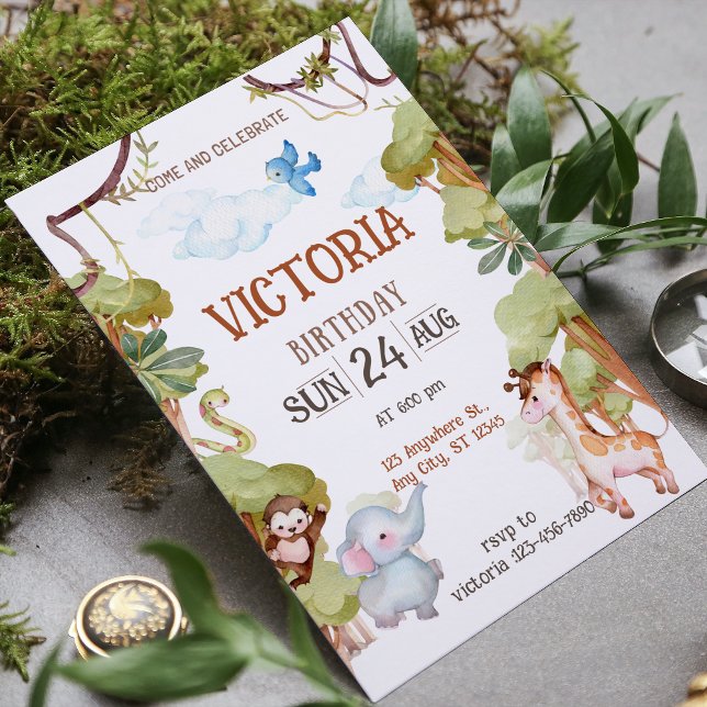 Convite de Aniversário Jungle Aquarela Verde Marro (Green Brown Watercolor Jungle Birthday Invitation)