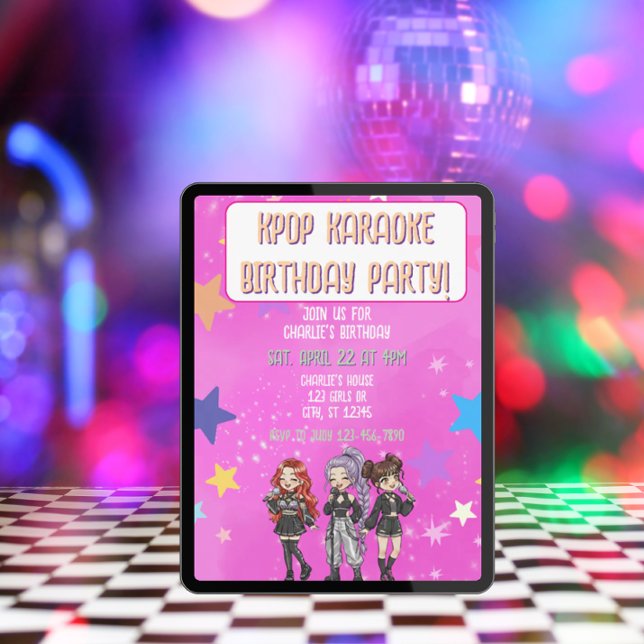 Convite de Aniversário Karaokê KPOP, estrelas rosa (Criador carregado)