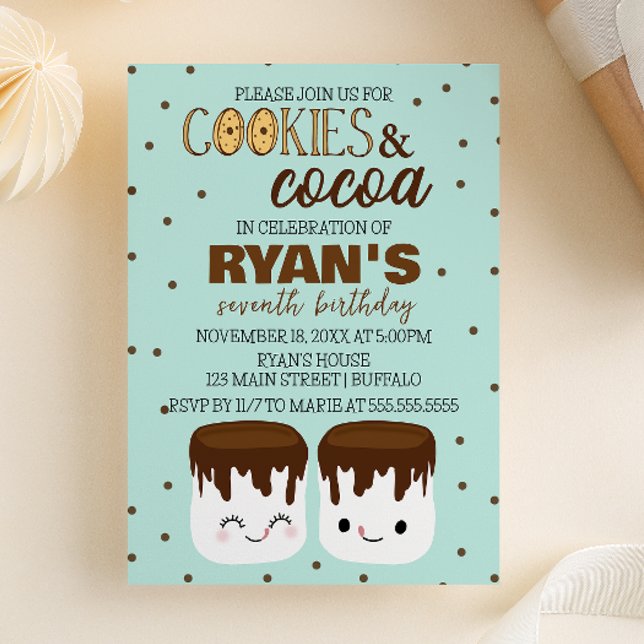 Convite de Aniversário Kawaii de Cookies e Cacau (Cookies and Cocoa | Winter Hot Chocolate Themed | Kawaii Marshmallows Birthday Party Invitation)