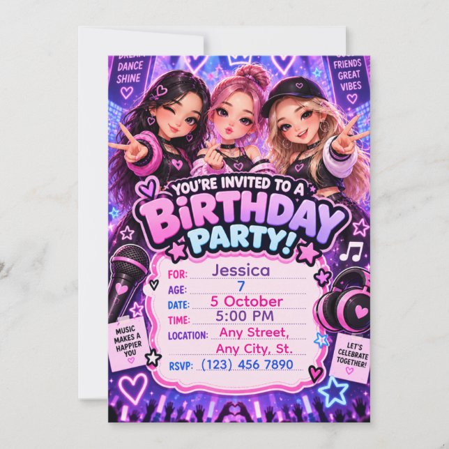 Convite de Aniversário Kawaii K-Pop | Qualquer Ida (Frente)