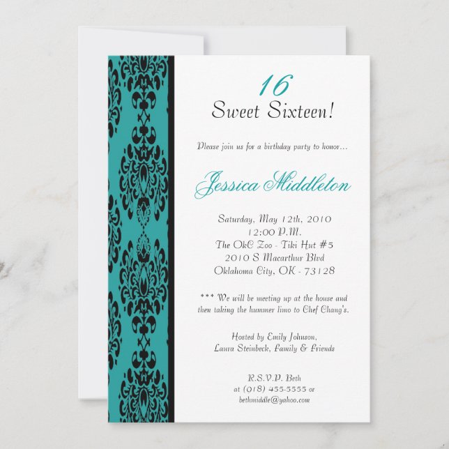 convite de aniversário Lace de Damasco Teal 5x7 (Frente)