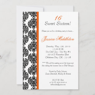 convite de aniversário Laranja Damask Lace 5x7