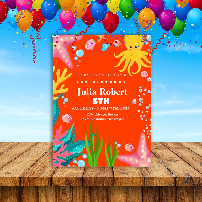 convite de aniversário laranja para animais marinh (Criador carregado)