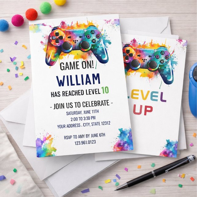 Convite de Aniversário Level Up Gamer – Jogo Neon (Criador carregado)