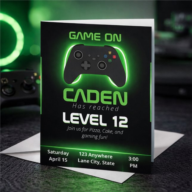 Convite de Aniversário Level Up Gamer – Jogo Neon (Criador carregado)