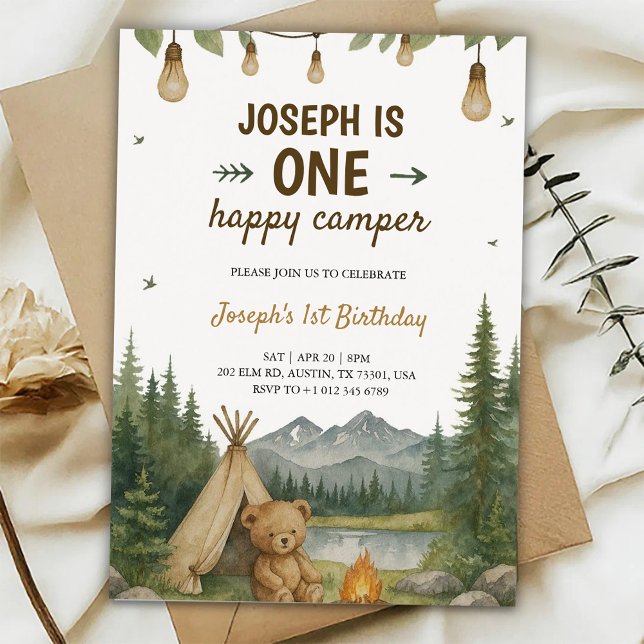 Convite de aniversário lindo com vibe de camping (Criador carregado)