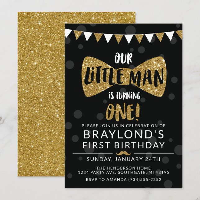 Convite de Aniversário Little Man, Preto e Dourado (Frente/Verso)