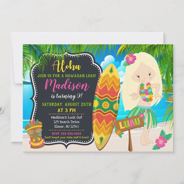 Convite de Aniversário Luau Aloha Convites (Frente)