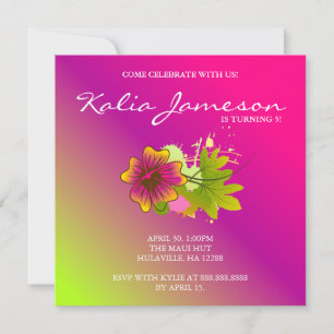 Convite de Aniversário Luau Hibisco Flor Rosa Li