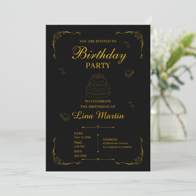 Convite de Aniversário Luxo Dourado (Em pé/Frente)