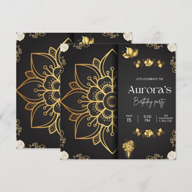 Convite de Aniversário Luxo Dourado Mandala e Flor (Frente/Verso)