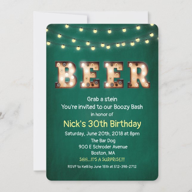 Convite de Aniversário Luzes de Corda de Cerveja (Frente)