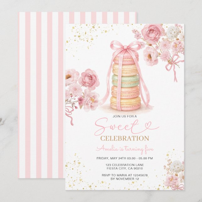 Convite de Aniversário Macaron Rosa Celebração Doc (Frente/Verso)