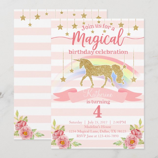 Convite de aniversário Magical Rainbow Unicorn (Frente/Verso)