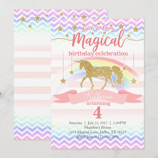 Convite de aniversário Magical Rainbow Unicorn (Frente/Verso)