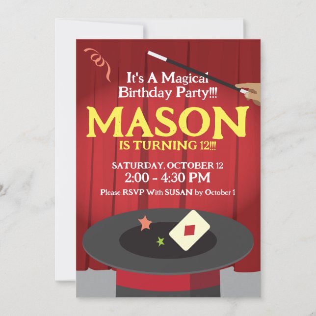 Convite de aniversário mágico, chapéu superior e m (Frente)