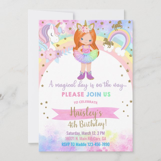 Convite de aniversário mágico para menina de cabel (Frente)