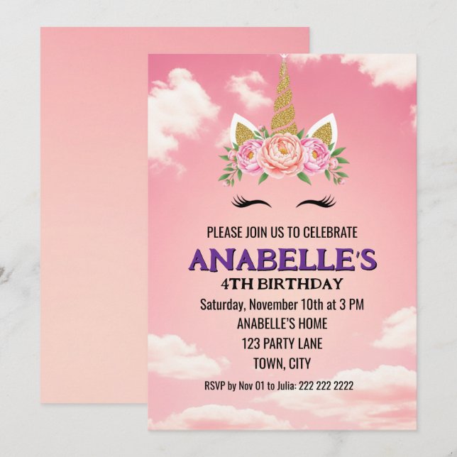 Convite de Aniversário Mágico Personalizado Unicór (Frente/Verso)