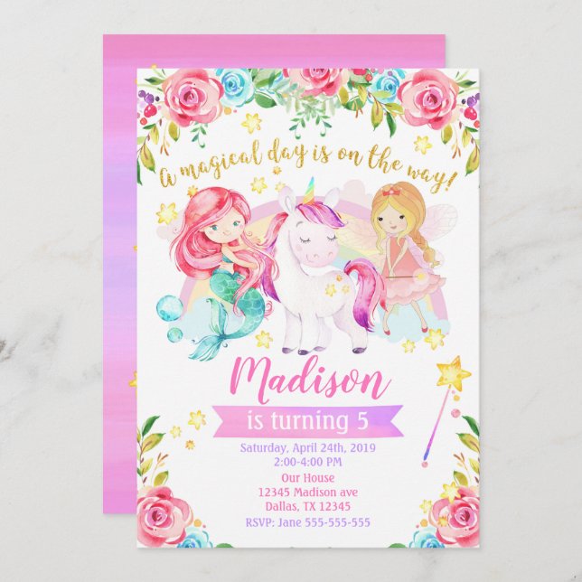 Convite de aniversário mágico Unicorn Sereia de Fa (Frente/Verso)