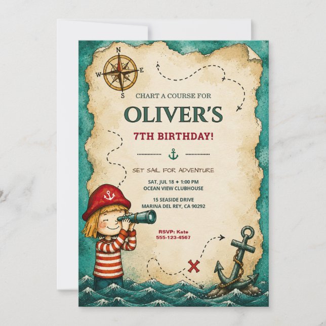 Convite de Aniversário Mapa do Tesouro Pirata (Frente)