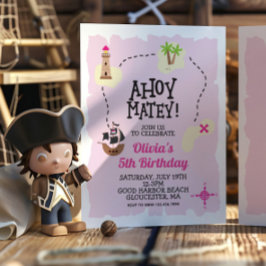 Convite de Aniversário Mapa do Tesouro Rosa Pirata