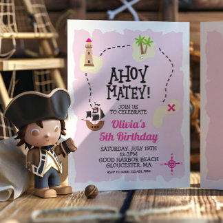 Convite de Aniversário Mapa do Tesouro Rosa Pirata