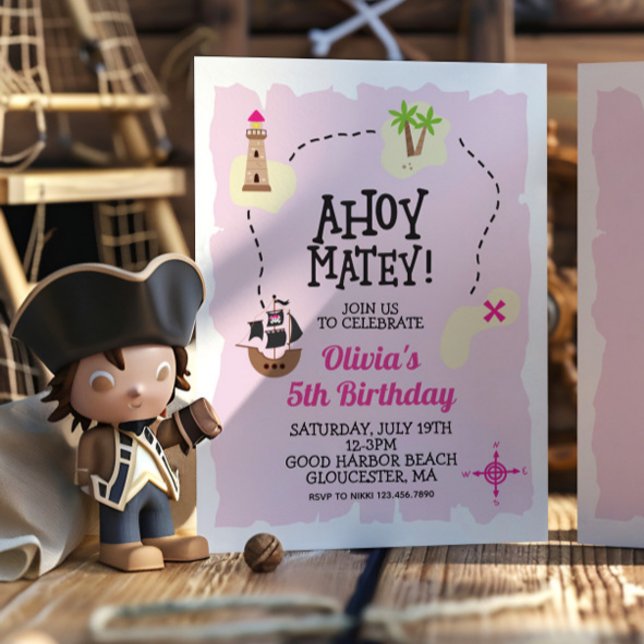 Convite de Aniversário Mapa do Tesouro Rosa Pirata (Criador carregado)