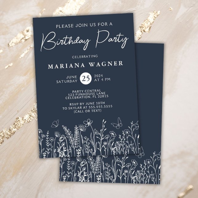 Convite de aniversário marinho Azul de Flores Selv (Criador carregado)