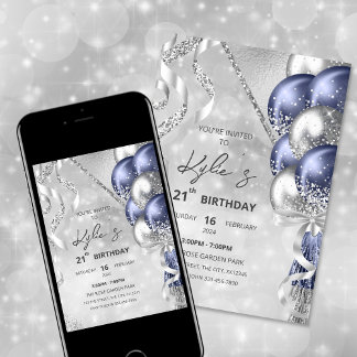 Convite de aniversário marinho Azul e Prata