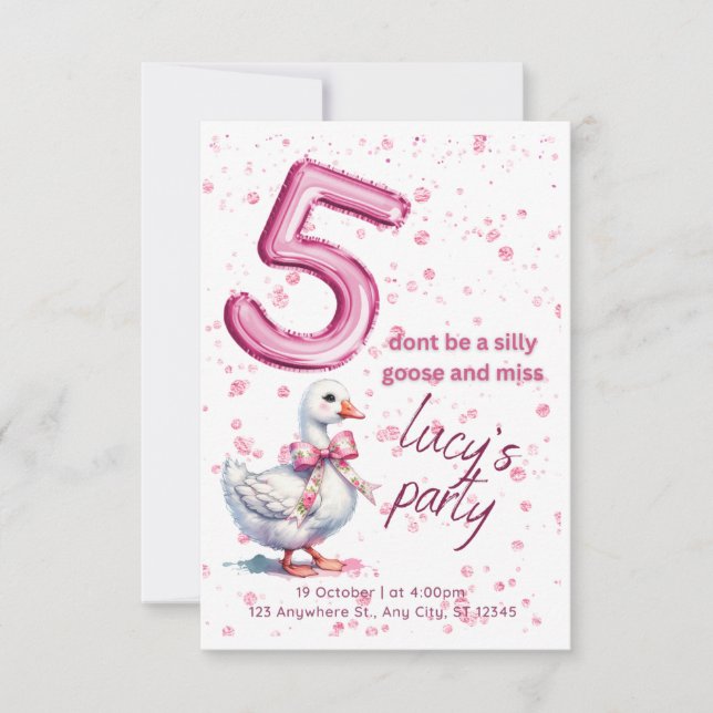 Convite de aniversário, menina 5, rosa, ganso (Frente)